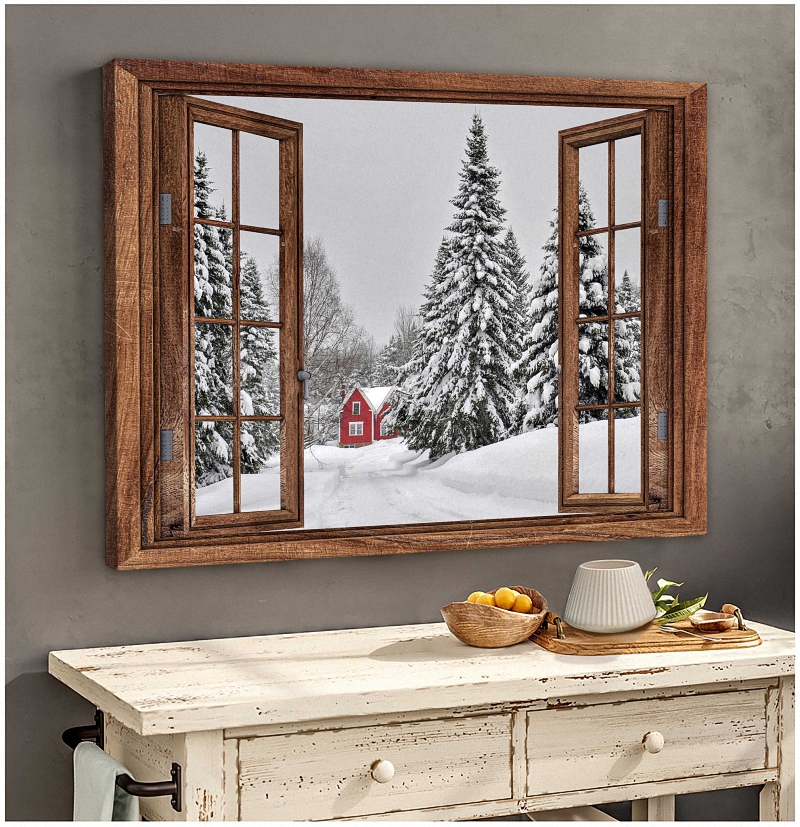 Old Barn Canvas Wall Art Red Barn In Snow Day Through Rustic Window Farmhouse Canvas 1