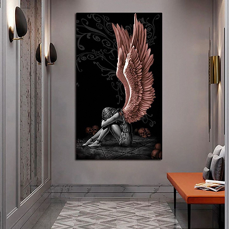 Sitting Angel Fantasy Art Cool Wall Decor Art Print Canvas, Beautiful Angel Wings Heaven Canvas 1