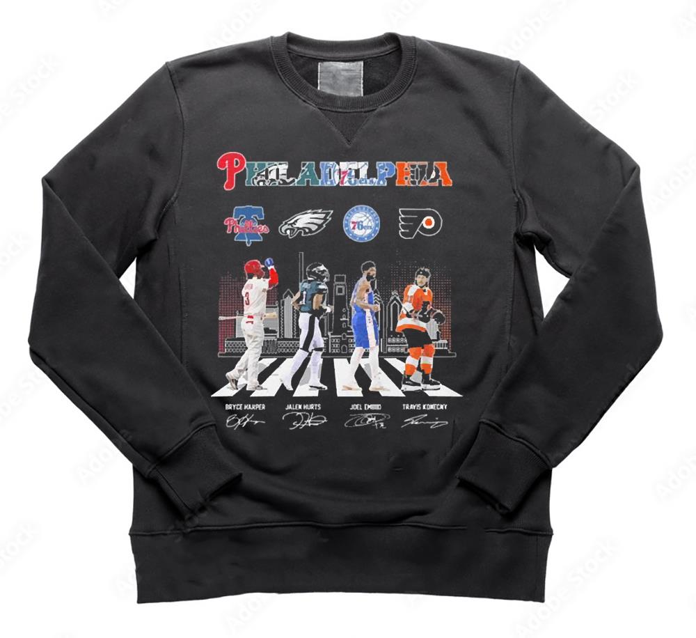 The Philadelphia Bryce Harper Jalen Hurts Joel Embiid And Travis Konecny Abbey Road Signatures Shirt The Philadelphia Bryce Harper Jalen Hurts Joel Embiid And Travis Konecny Abbey Road Signatures Shirt 1