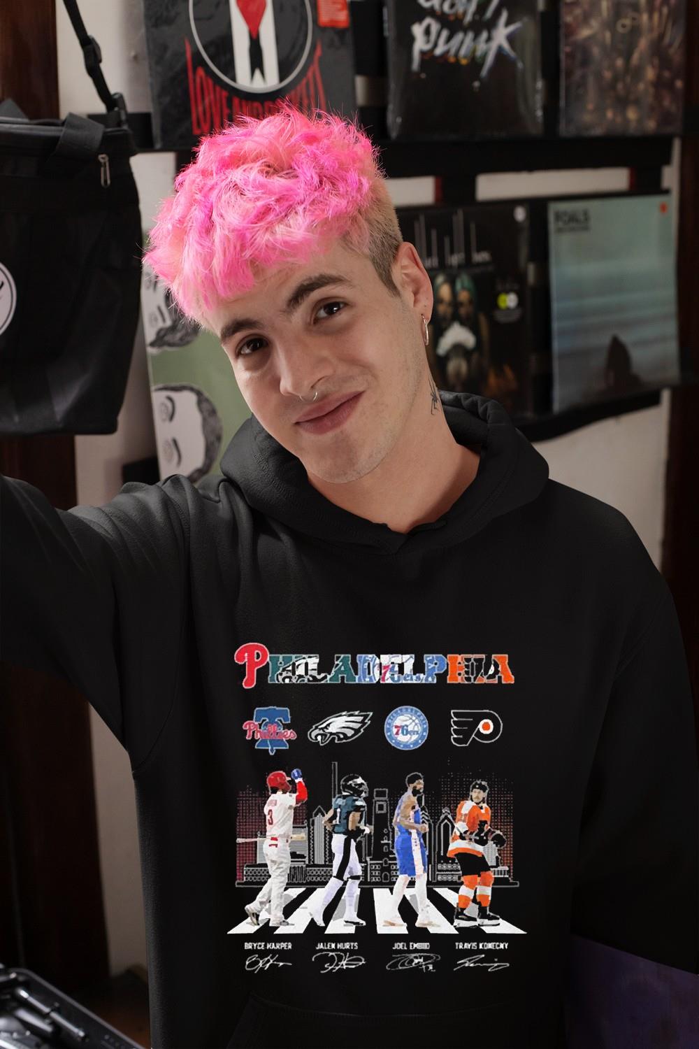 The Philadelphia Bryce Harper Jalen Hurts Joel Embiid And Travis Konecny Abbey Road Signatures Shirt 1 The Philadelphia Bryce Harper Jalen Hurts Joel Embiid And Travis Konecny Abbey Road Signatures Shirt 2