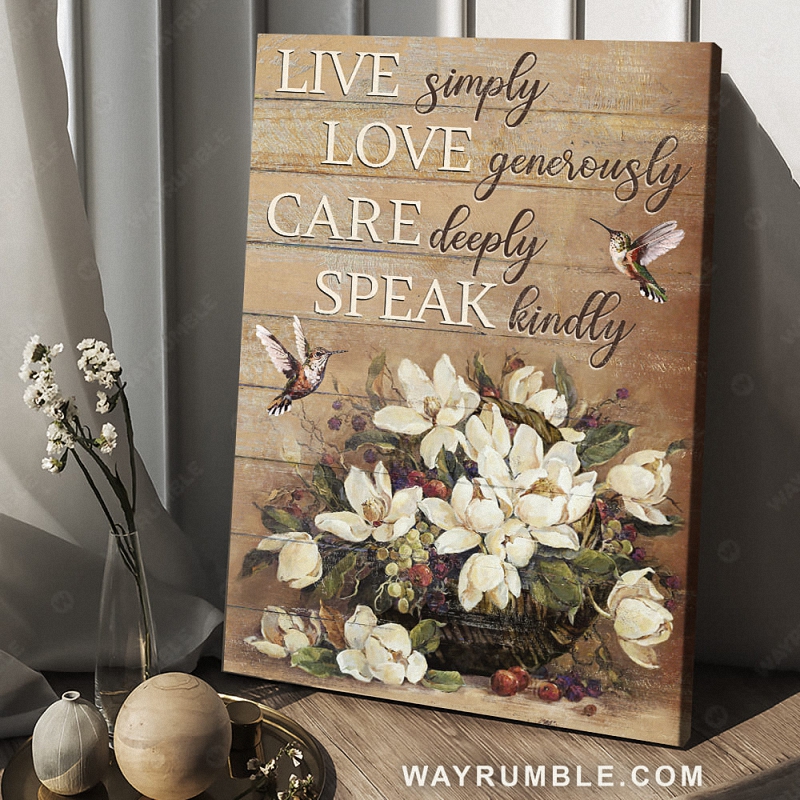 White flower vase, Hummingbird, Still life, Live Simply, Love Generously 1
